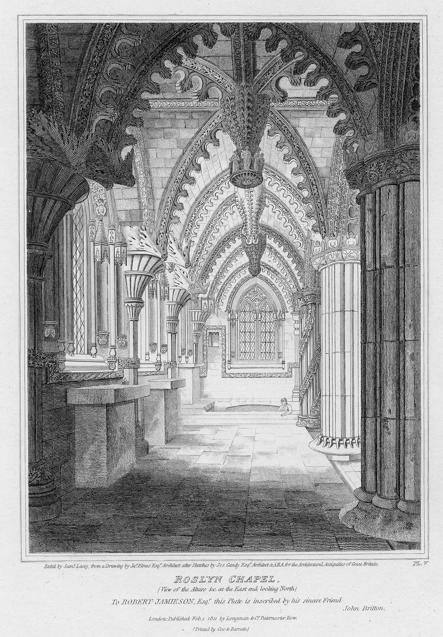 Roslyn Chapel, uitzicht op de altaren aan het oostelijke uiteinde, gegraveerd door Samuel Lacey, 1811 door James Elmes