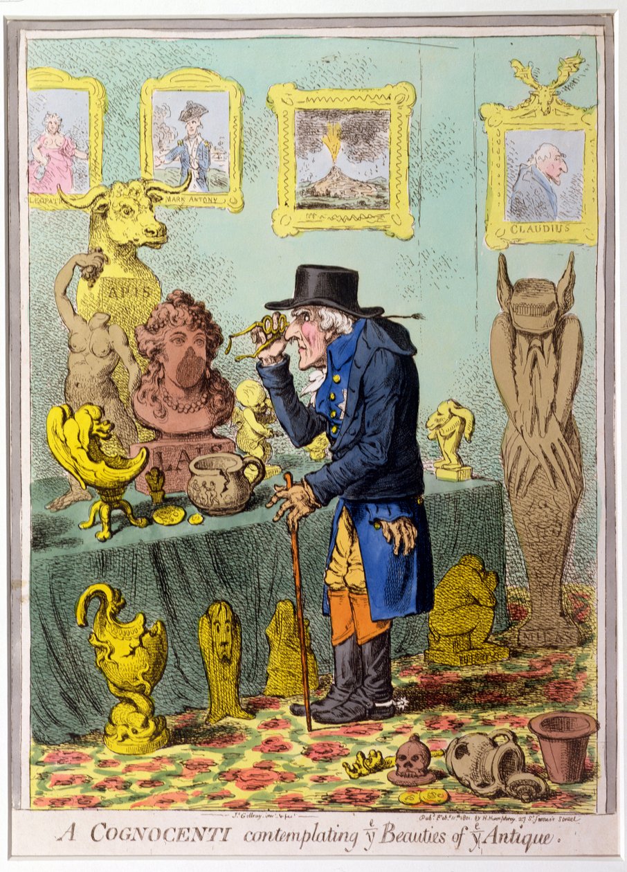 Een kenner die de schoonheden van de antiek overweegt, gepubliceerd door Hannah Humphrey in 1801 door James Gillray