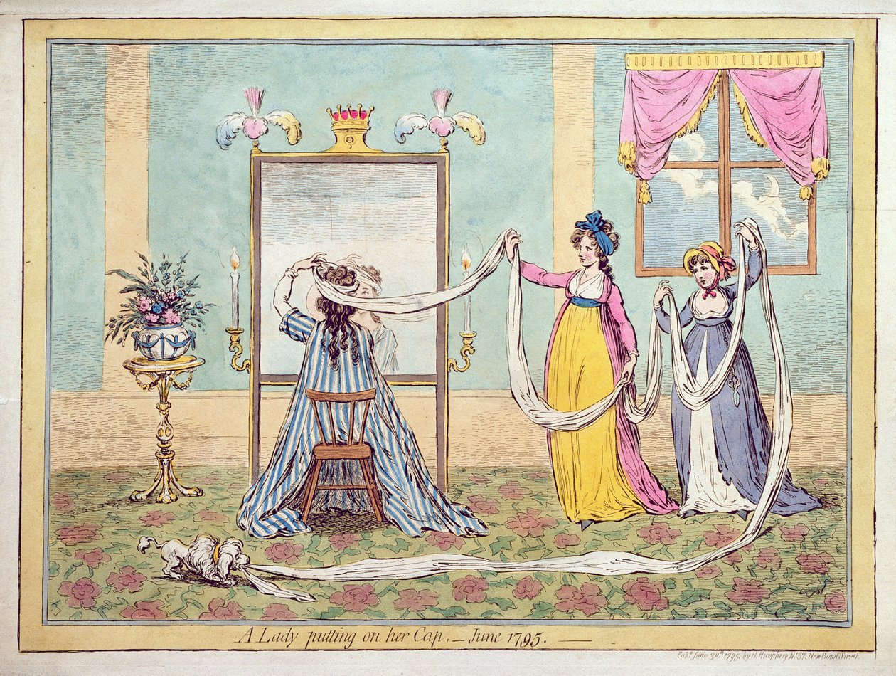 Een Dame die haar Muts Opzet, gepubliceerd in 1795 (handgekleurde ets) door James Gillray