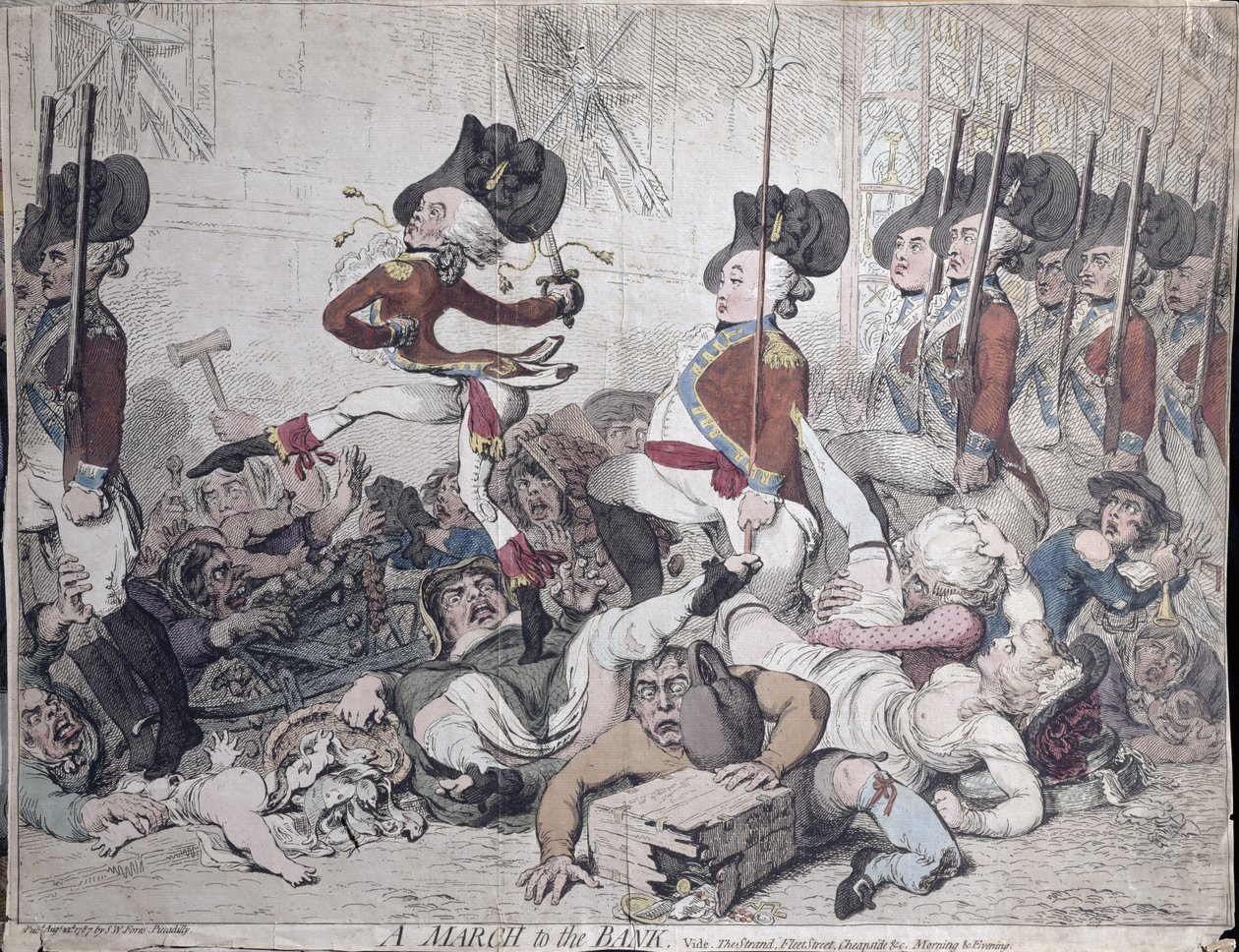 Een Mars naar de Bank, gepubliceerd door S.W. Fores in 1787 door James Gillray