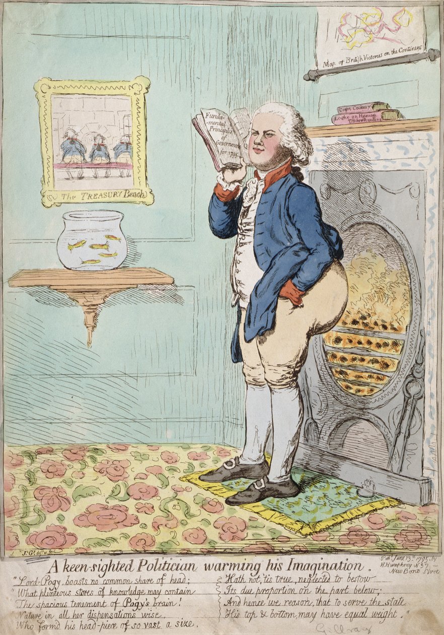 Een scherpzinnige politicus die zijn verbeelding verwarmt, gepubliceerd door Hannah Humphrey in 1795 door James Gillray