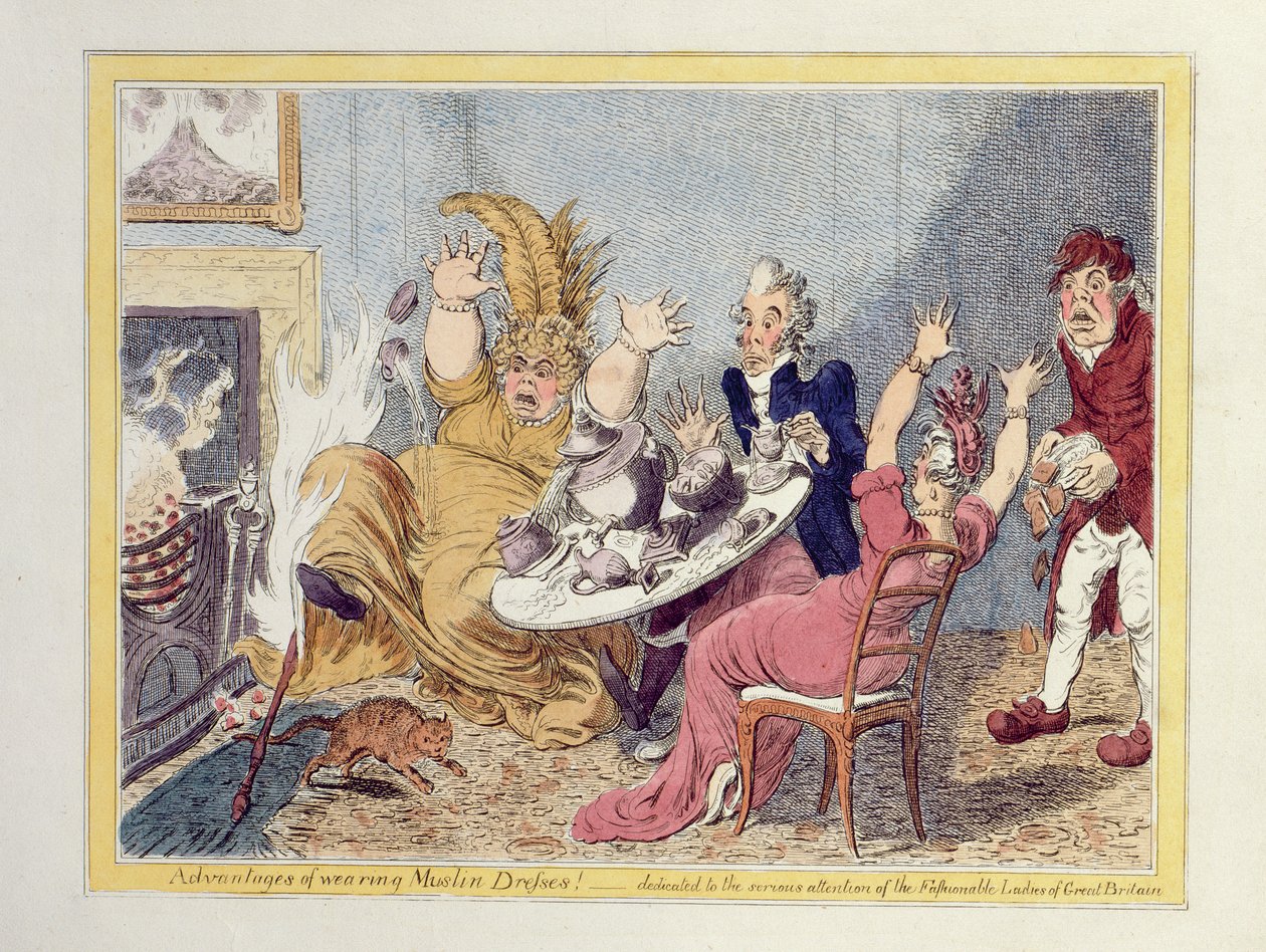 Voordelen van het dragen van mousseline jurken! Toegewijd aan de serieuze aandacht van de modieuze dames van Groot-Brittannië, uitgegeven door John Miller en W. Blackwood door James Gillray