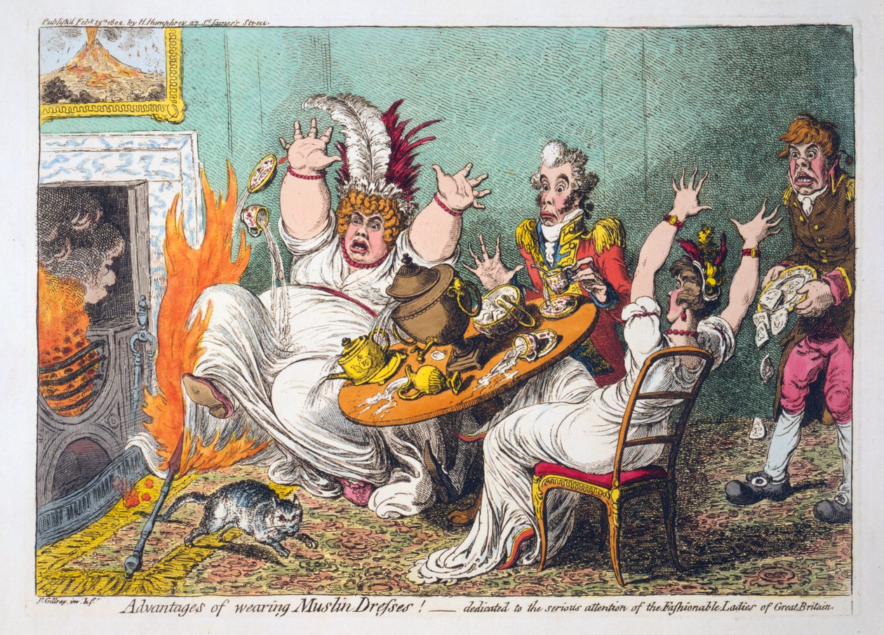 Voordelen van het dragen van mousseline jurken! toegewijd aan de serieuze aandacht van de modieuze dames van Groot-Brittannië, gepubliceerd 1802 door James Gillray