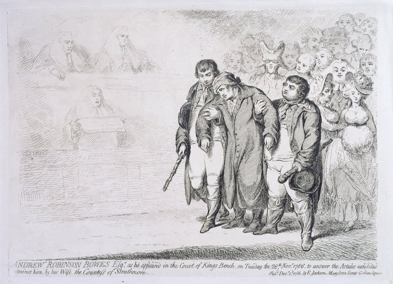 Andrew Robinson Bowes Esq. zoals hij verscheen in het Hof van de Koning op dinsdag 28 november 1786, om de artikelen tegen hem ingediend door zijn vrouw de Gravin van Strathmore te beantwoorden door James Gillray