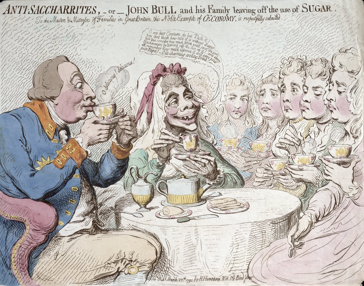 Anti-Saccharieten, of John Bull en zijn Familie die Stoppen met het Gebruik van Suiker, gepubliceerd door Hannah Humphrey in 1792 door James Gillray