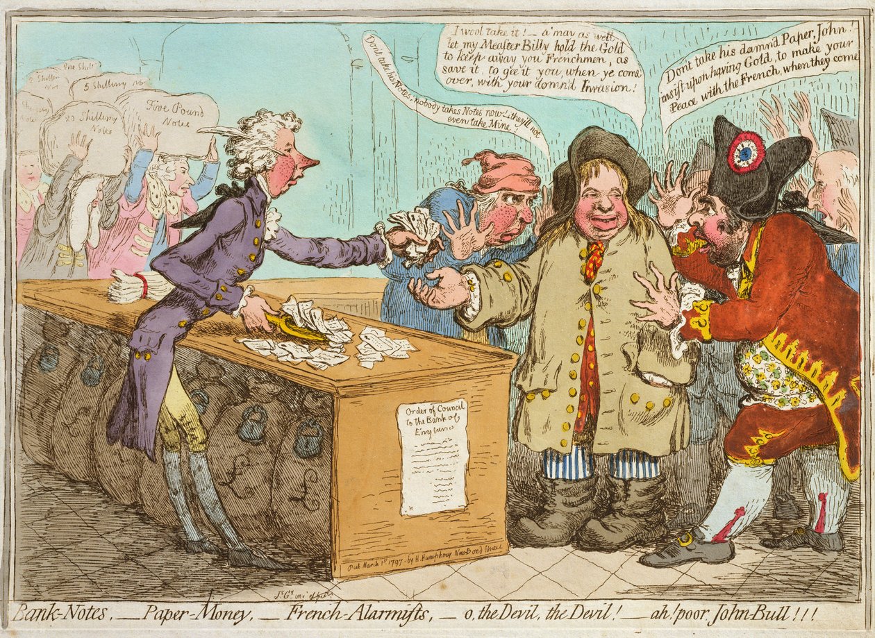 Bankbiljetten - Papiergeld - Franse Alarmisten - ah! arme John Bull! uitgegeven door Hannah Humphrey in 1797 door James Gillray