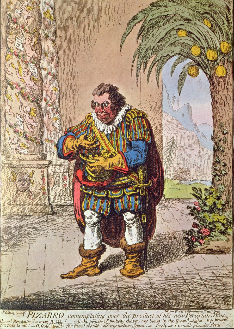 Karikatuur van Pizarro die het product van zijn nieuwe Peruaanse mijn overweegt door James Gillray