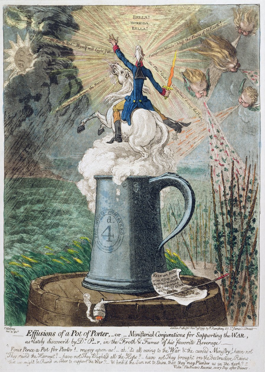 Uitstortingen van een pot porter, of ministeriële bezweringen ter ondersteuning van de oorlog, gepubliceerd door Hannah Humphrey in 1799 door James Gillray