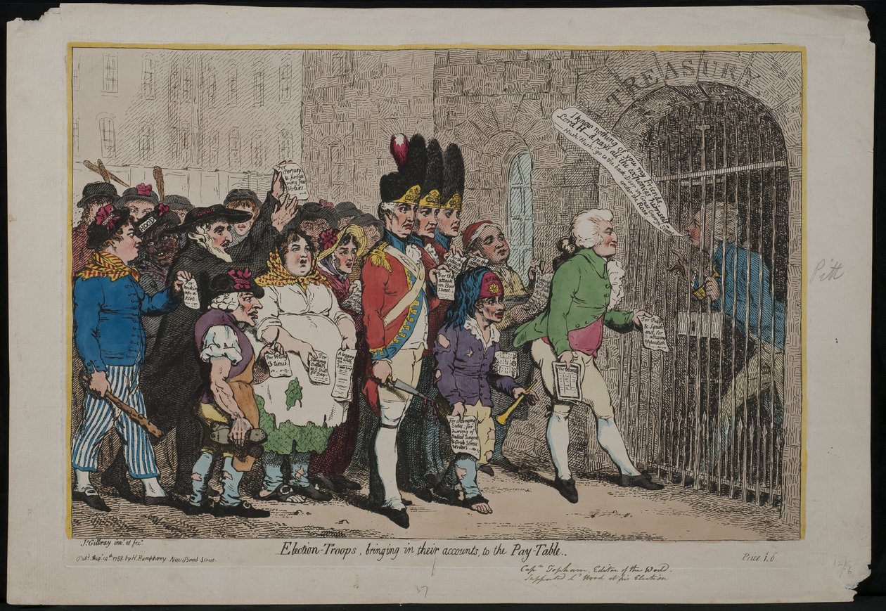 Verkiezingstroepen brengen hun rekeningen naar de betaaltafel, 1788 door James Gillray