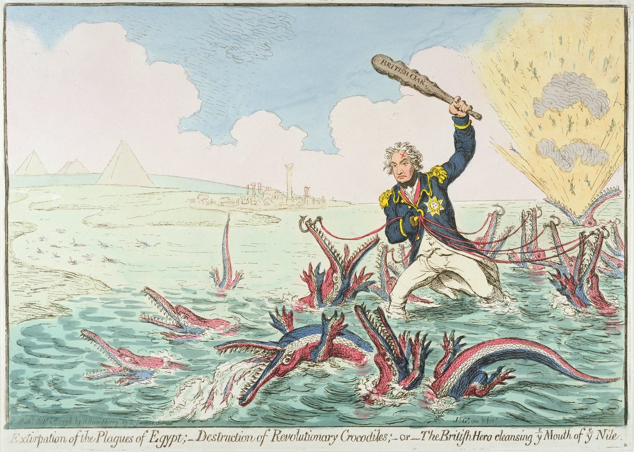 Uitroeiing van de Plagen van Egypte: Vernietiging van Revolutionaire Krokodillen, 1798 door James Gillray