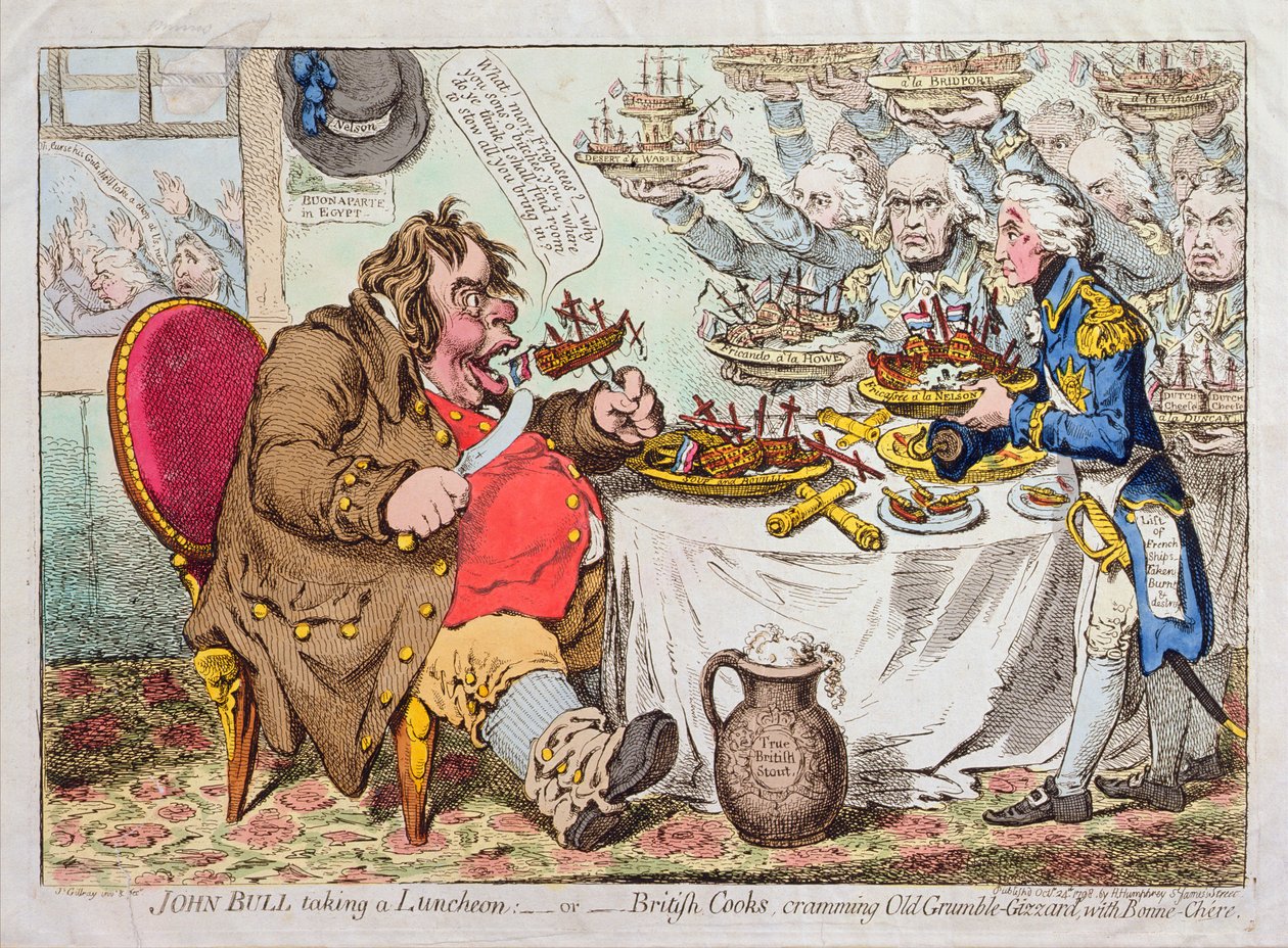 John Bull neemt een lunch, of Britse koks, die Old Grumble-Gizzard volstoppen met Bonne-Chere, gepubliceerd door Hannah Humphrey in 1798 door James Gillray