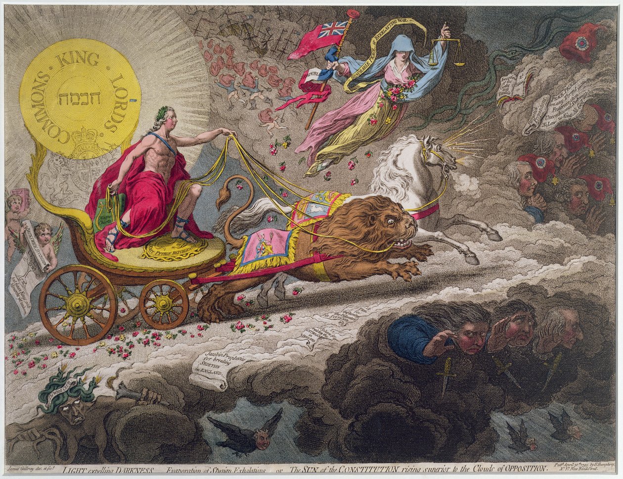 Licht Verdrijft Duisternis - Verdamping van Stygische Uitwasemingen, of De Zon van de Grondwet die superieur is aan de Wolken van Oppositie, uitgegeven door Hannah Humphrey in 1795 door James Gillray