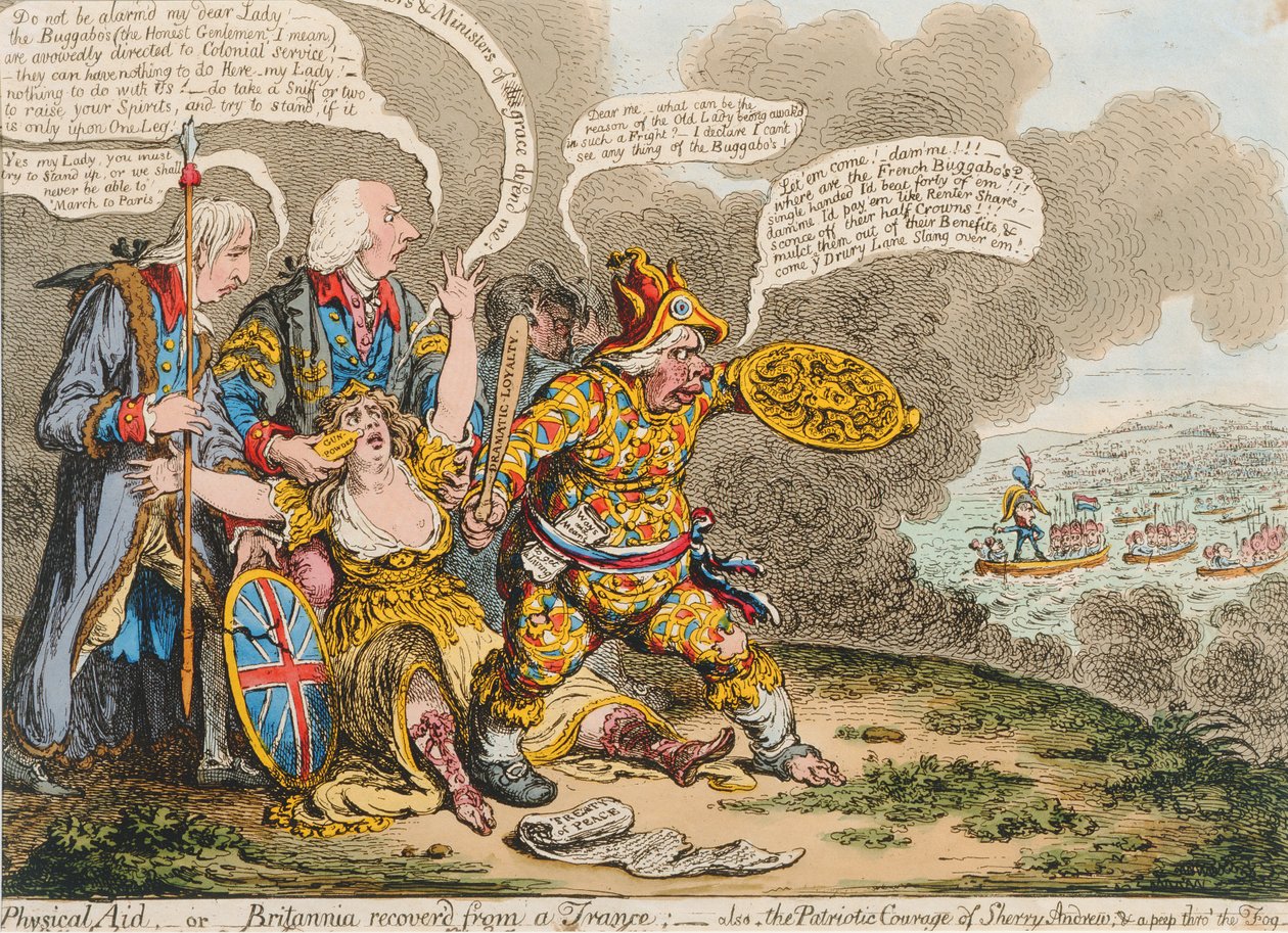 Fysieke hulp, of Britannia hersteld uit een trance: ook, de patriottische moed van Sherry Andrews en een blik in de mist, uitgegeven door Hannah Humphrey in 1803 door James Gillray