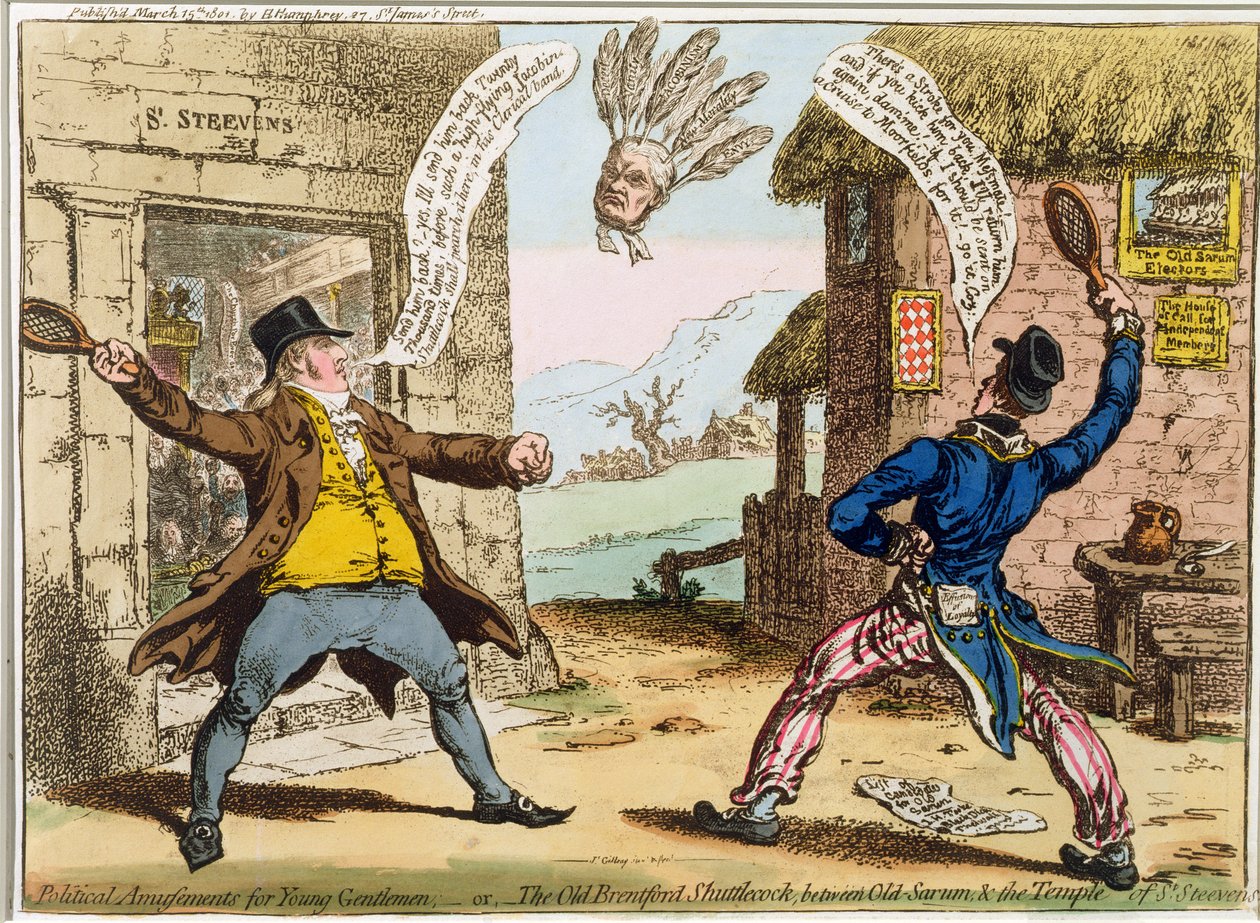 Politieke Amusementen voor Jonge Heren, of De Oude Brentford Shuttlecock, tussen Old Sarum en de Tempel van St. Steevens, gepubliceerd door Hannah Humphrey door James Gillray