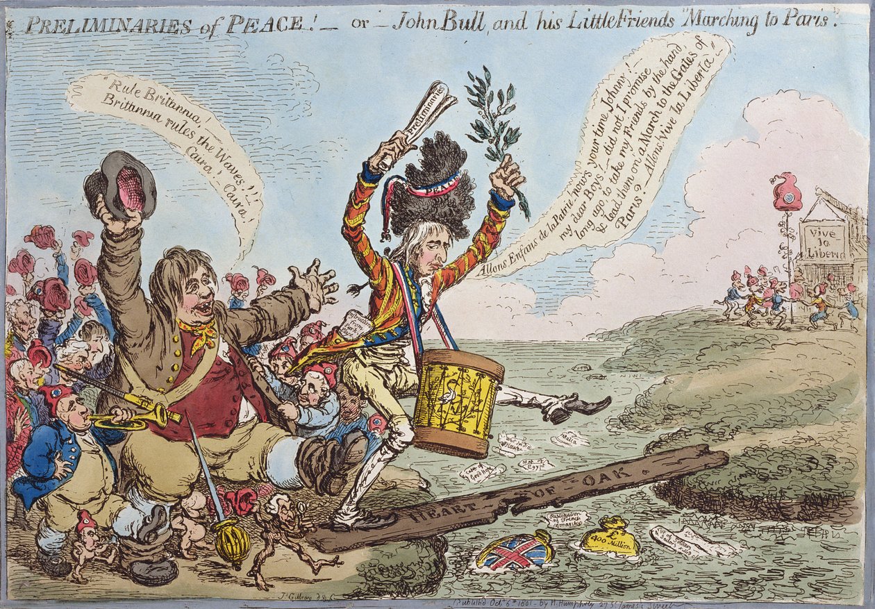 Voorlopers van Vrede, of John Bull en zijn Kleine Vrienden Marcheren naar Parijs, uitgegeven door Hannah Humphrey in 1801 door James Gillray