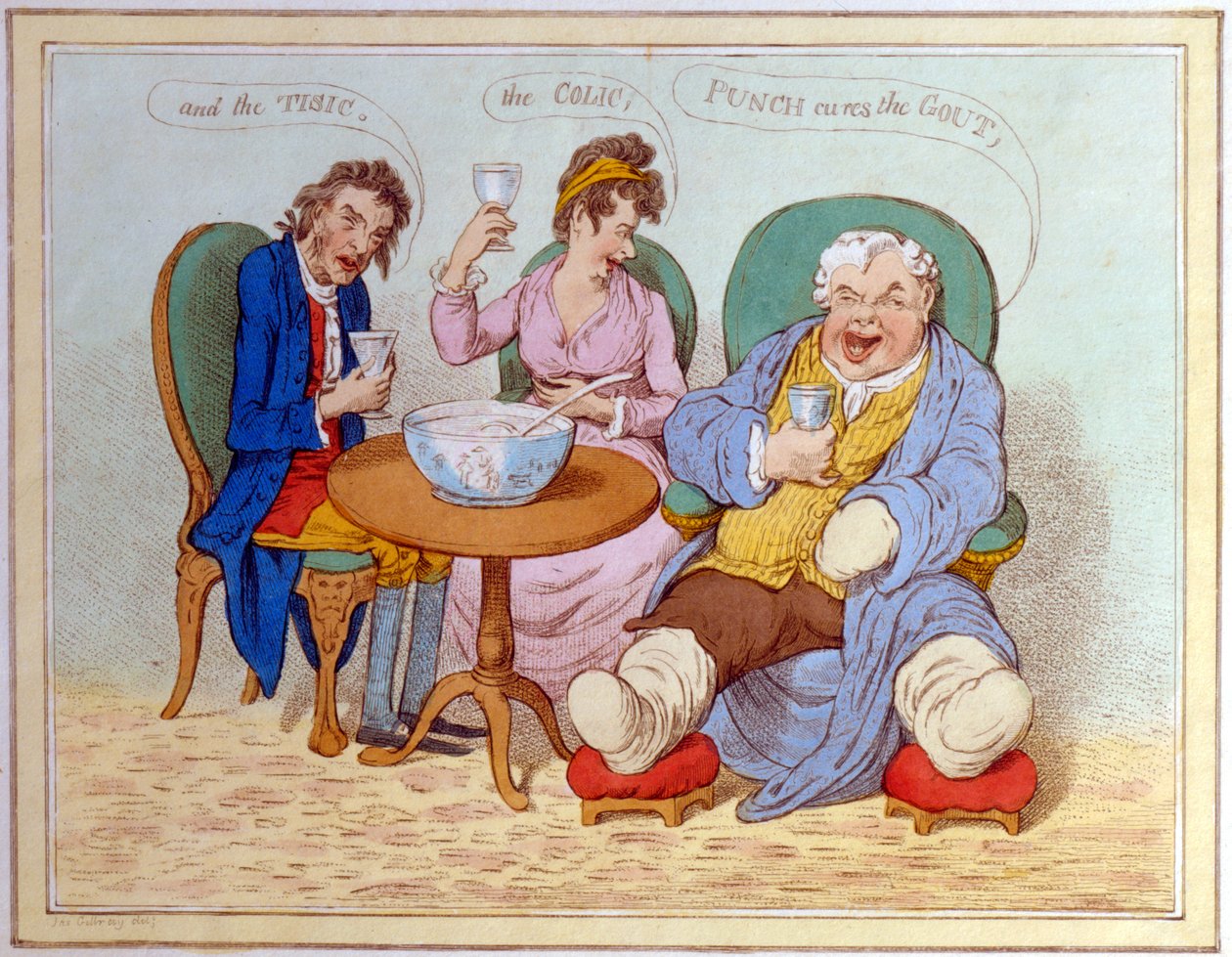 Punch geneest de jicht, de koliek en de tisic door James Gillray