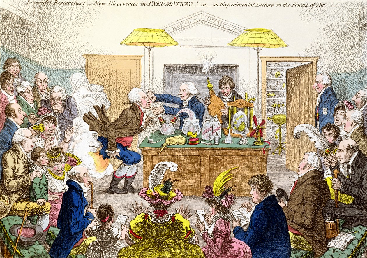 Wetenschappelijk Onderzoek! Nieuwe Ontdekkingen in PNEUMATICKS! of Een Experimentele Lezing over de Krachten van Lucht, cartoon van een lezing aan het Royal Institution die de effecten van lachgas demonstreert door James Gillray