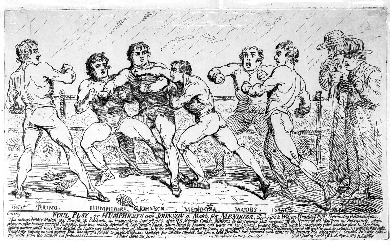 De beroemde strijd tussen Richard Humphreys en Daniel Mendoza, 9 januari 1788 door James Gillray