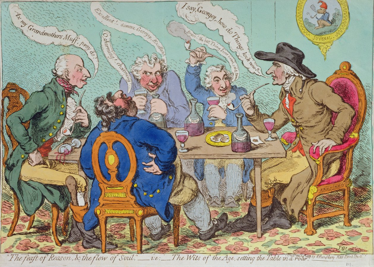 Het feest van de rede, en de stroom van de ziel - d.w.z. de geesten van de tijd, die de tafel in een brul zetten, gepubliceerd door Hannah Humphrey in 1797 door James Gillray