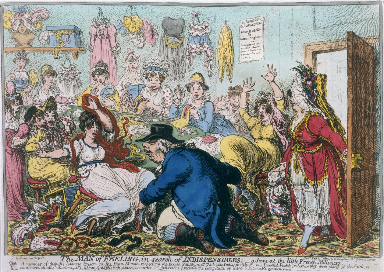 De Man van Gevoel op Zoek naar Onmisbare Dingen, of Een Scène bij de Franse Modistes, gepubliceerd door Hannah Humphrey in 1800 door James Gillray