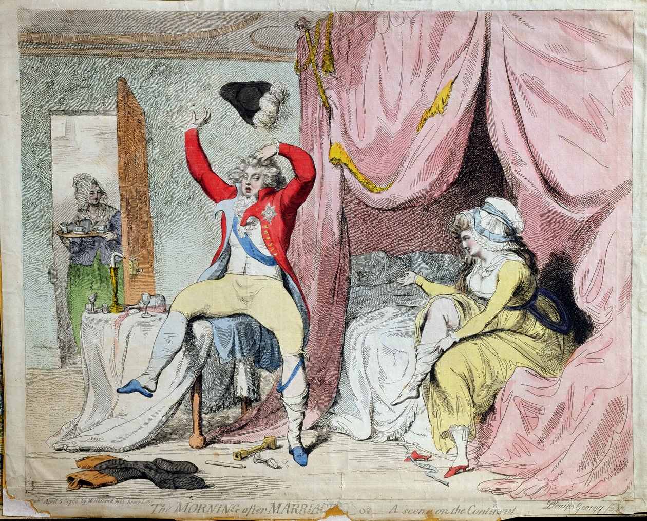 De ochtend na het huwelijk, of een scène op het continent, gepubliceerd door W. Holland in 1788 door James Gillray
