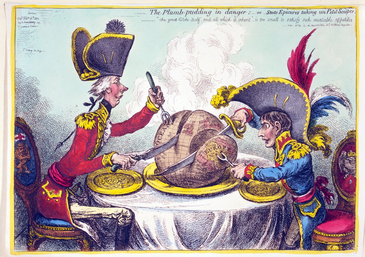 The Plum Pudding in Danger, of State Epicures taking un Petit Souper, gepubliceerd 26 februari 1805 door James Gillray