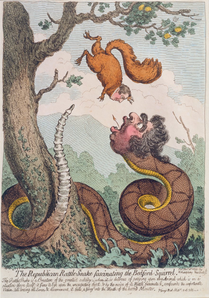 De Republikeinse ratelslang die de Bedford eekhoorn fascineert, uitgegeven door Hannah Humphrey in 1795 door James Gillray