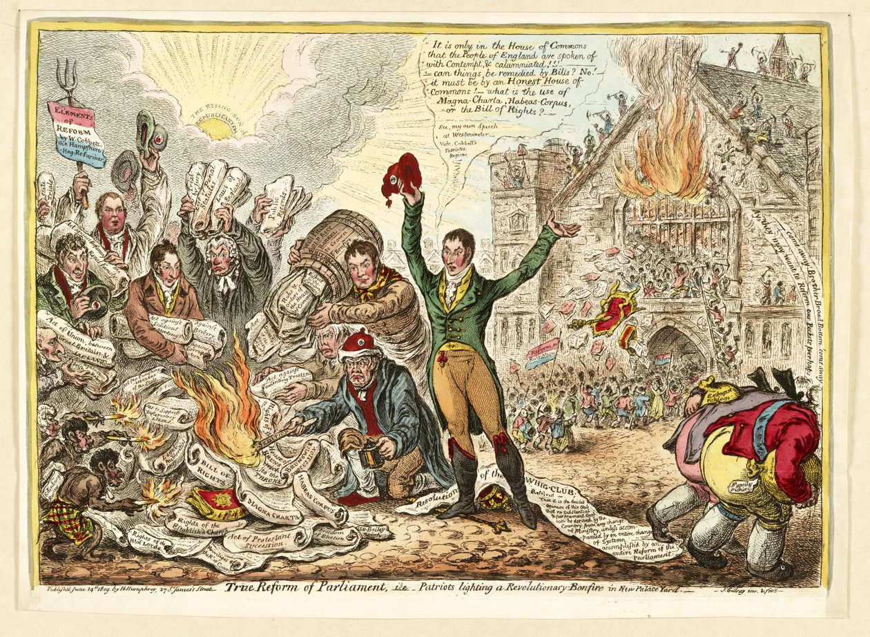 Ware hervorming van het parlement, d.w.z. patriotten die een revolutionair vreugdevuur aansteken op New Palace Yard door James Gillray