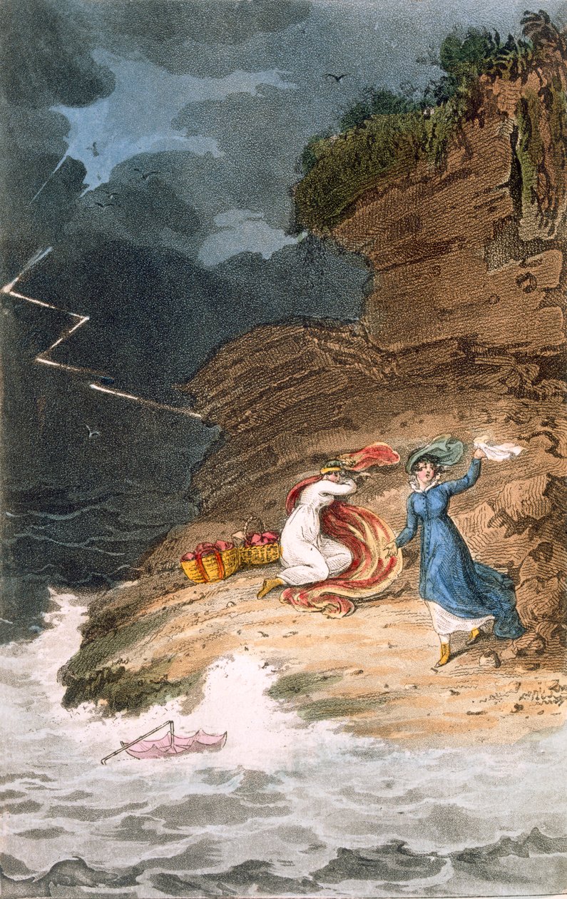 Twee vroege Regency schoonheden gevangen op een kust door een storm, gegraveerd door Joseph Constantine Stadler door James Green