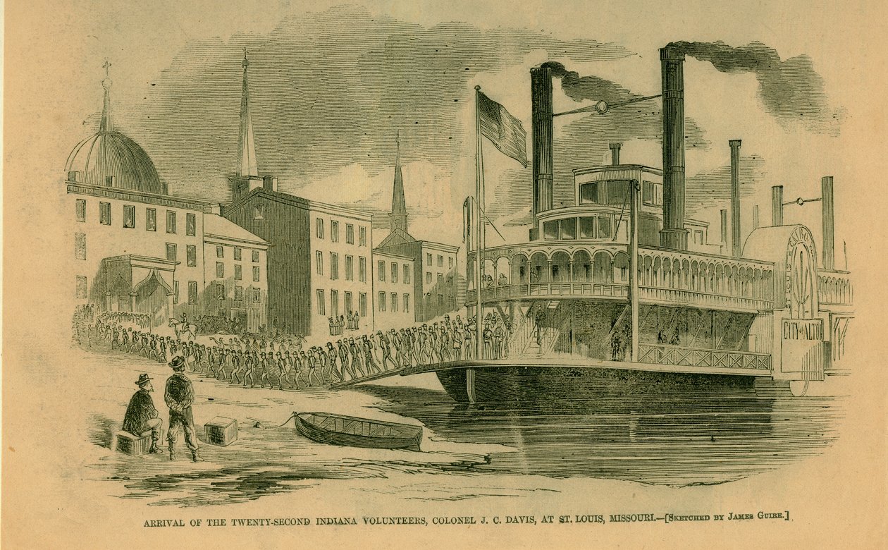 Aankomst van de Tweeëntwintigste Indiana Vrijwilligers, Kolonel J.C. Davis, in St. Louis, Missouri door James Guire
