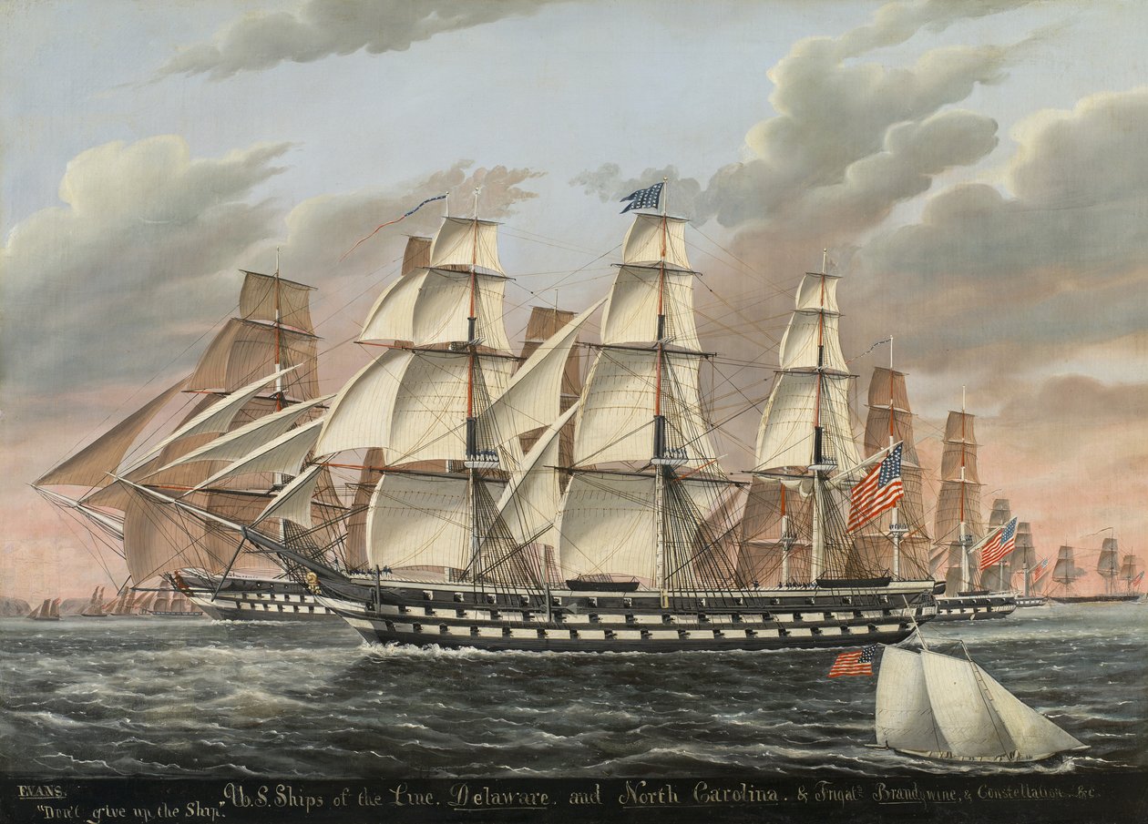 Amerikaanse linieschepen en fregatten Delaware en North Carolina, Brandywine en Constellation, 1848 door James Guy Evans