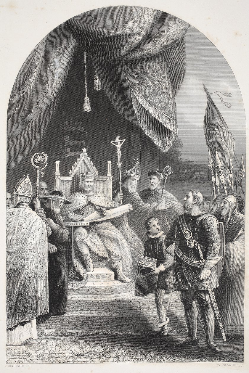 Koning Jan ondertekent de Magna Carta, gegraveerd door W. French door James Lonsdale