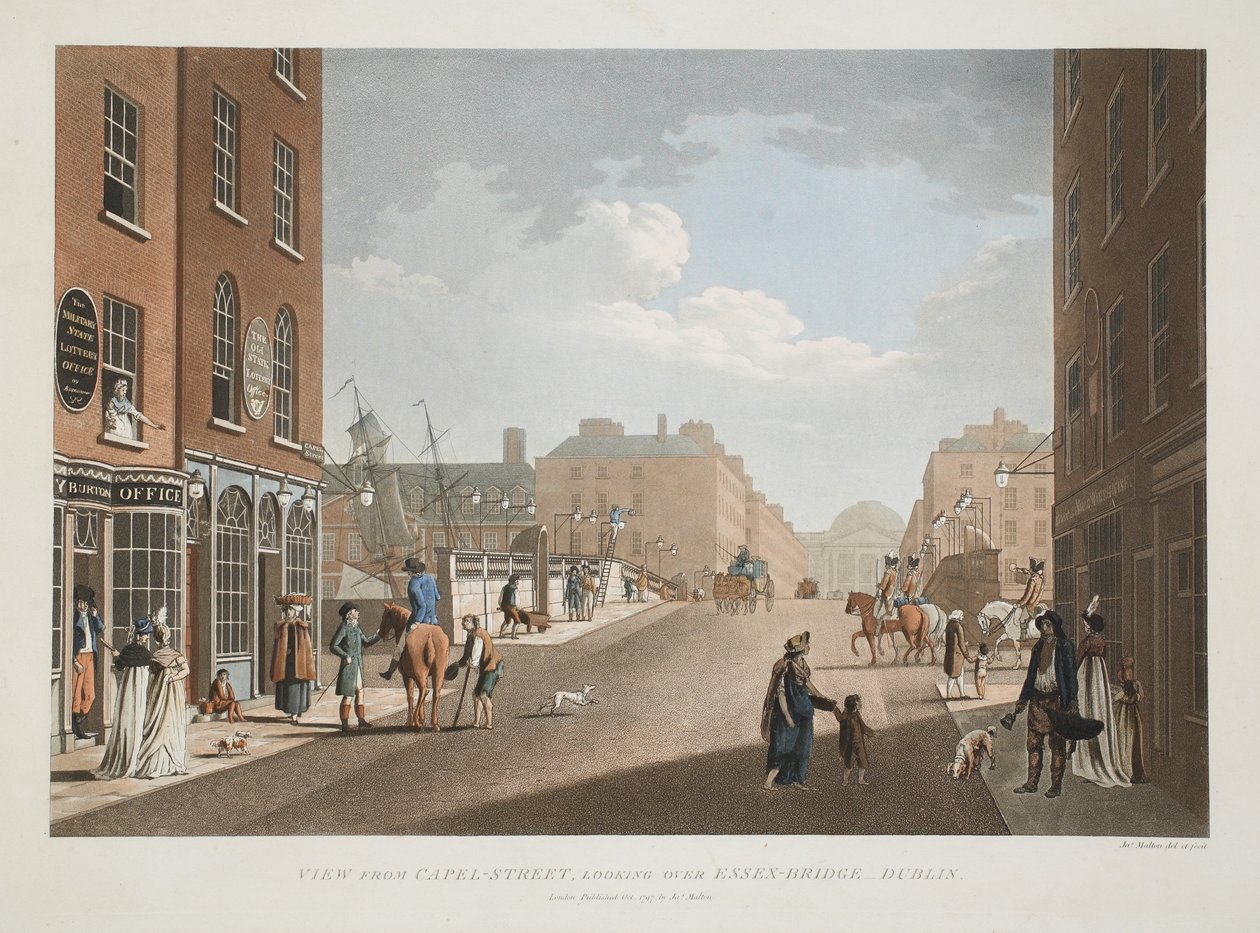 Uitzicht vanaf Capel-Street, kijkend over Essex-Bridge, Dublin, 1797 door James Malton