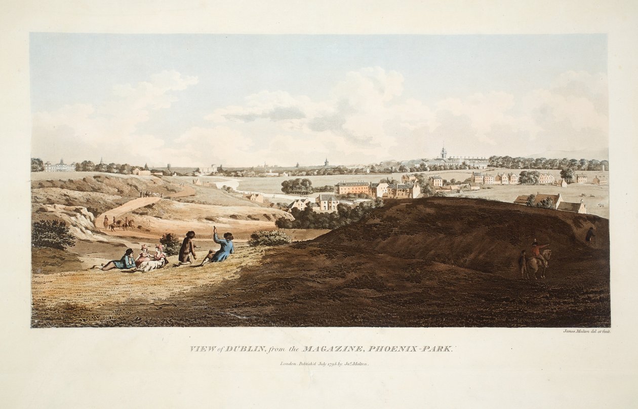 Uitzicht op Dublin vanaf het magazijn, Phoenix Park, 1795 (handgekleurde gravure) door James Malton