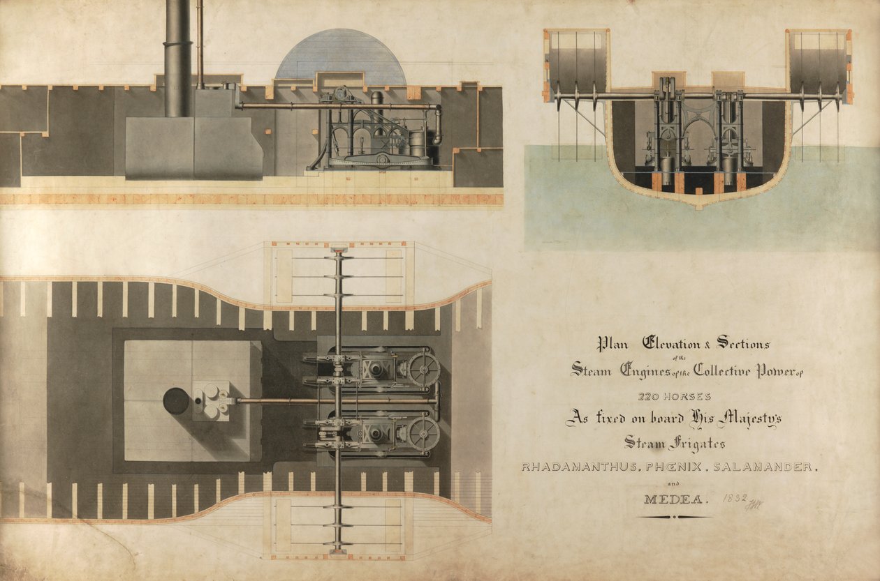 Een mariene stoommachine, 1832 door James Hall Nasmyth