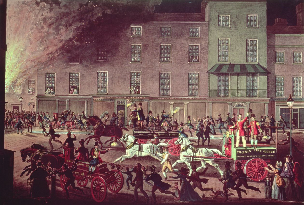 Londense Brandweerwagens, gegraveerd door R.G. Reeve, uitgegeven door Thomas McLean, ca. 1830 door James Pollard