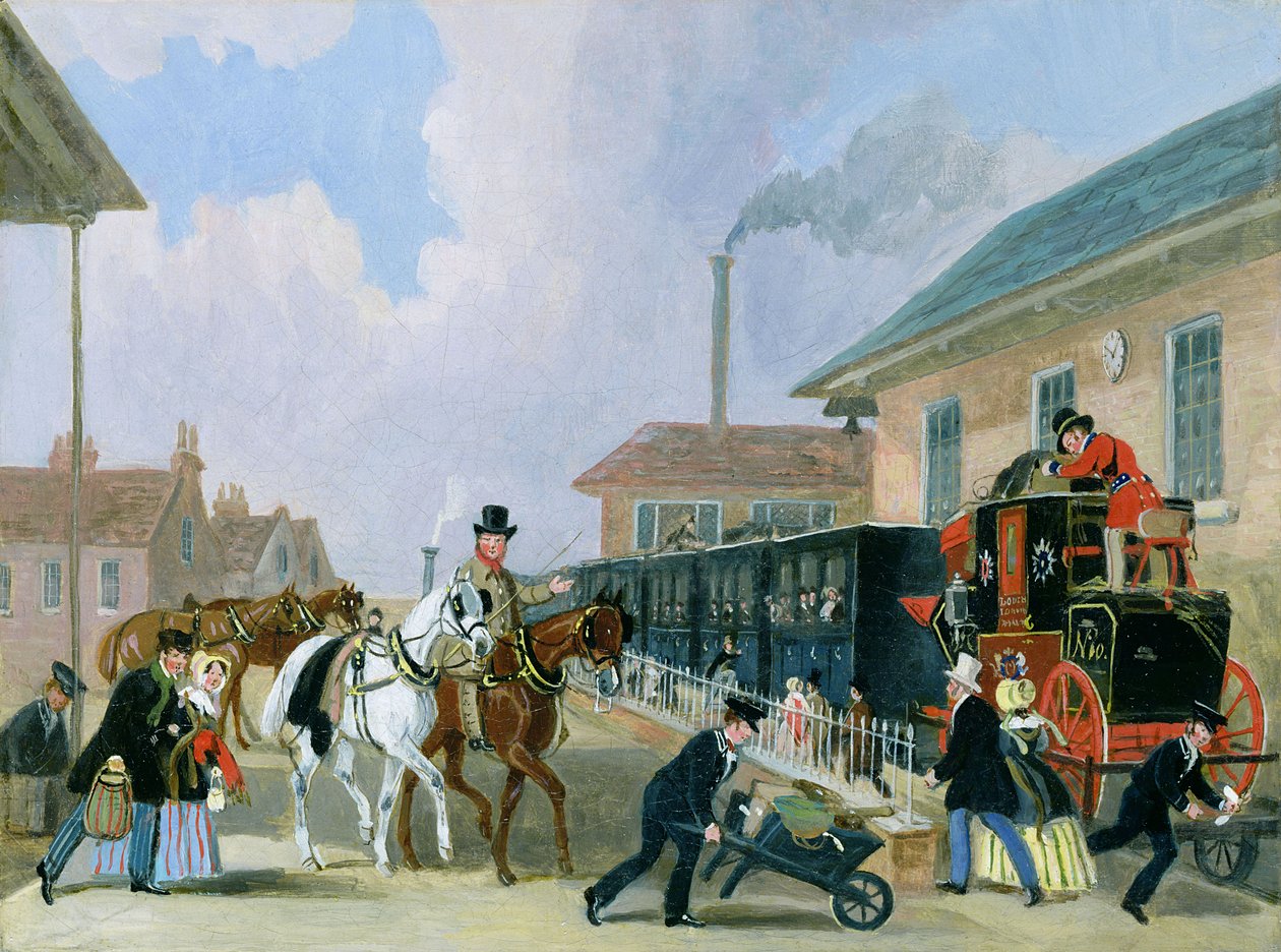 De Louth-London Royal Mail reist per trein vanuit Peterborough East in december 1845 (na restauratie) door James Pollard
