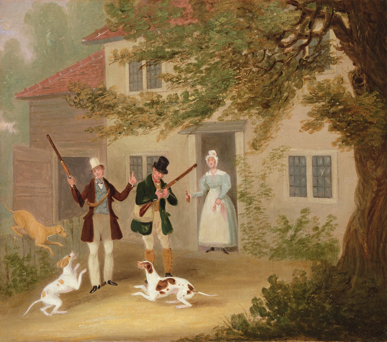 Twee sportmannen met hun aanwijzers vertrekken uit een huisje, ca. 1830 door James Pollard