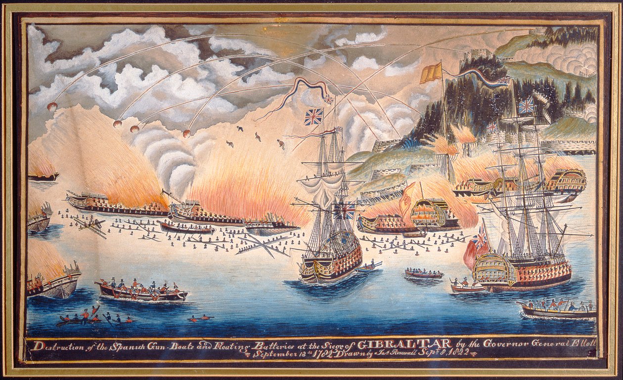 De Vernietiging van de Spaanse Kanonneerboten en Drijvende Batterijen bij het Beleg van Gibraltar door Gouverneur Generaal Eliott, 13 september 1782, 1822 door James Rosewall
