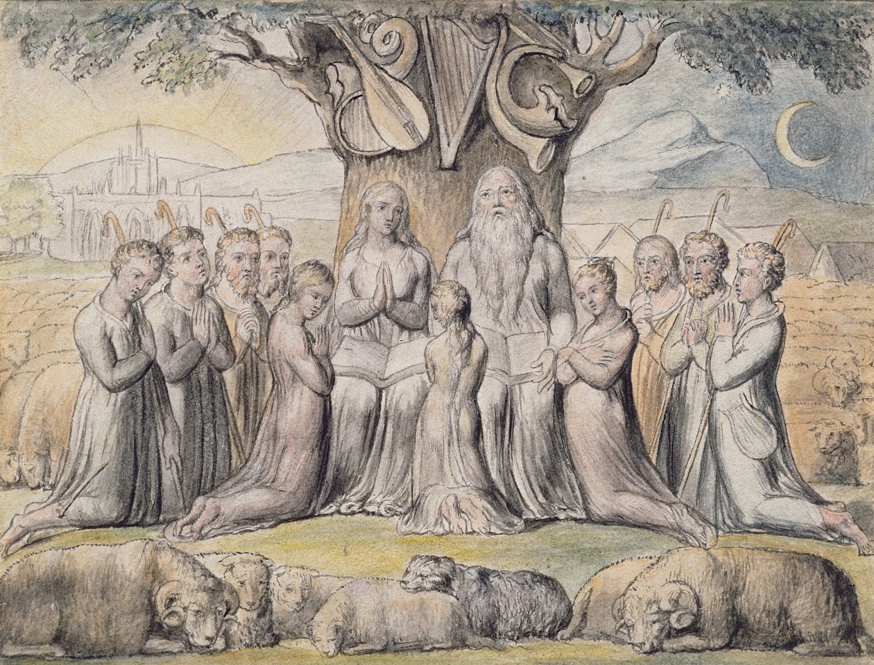 Illustraties uit het Boek Job, pl.2 (pagina 1): Job en zijn familie, naar William Blake (1757-1827) door James Thomas Linnell