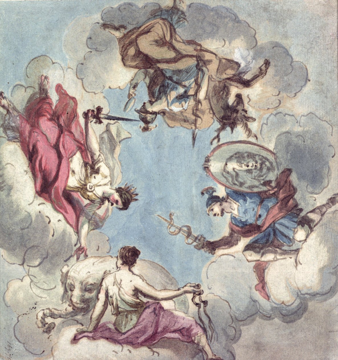 Ontwerp voor een plafond: De vier kardinale deugden, gerechtigheid, voorzichtigheid, matigheid en moed door James Thornhill