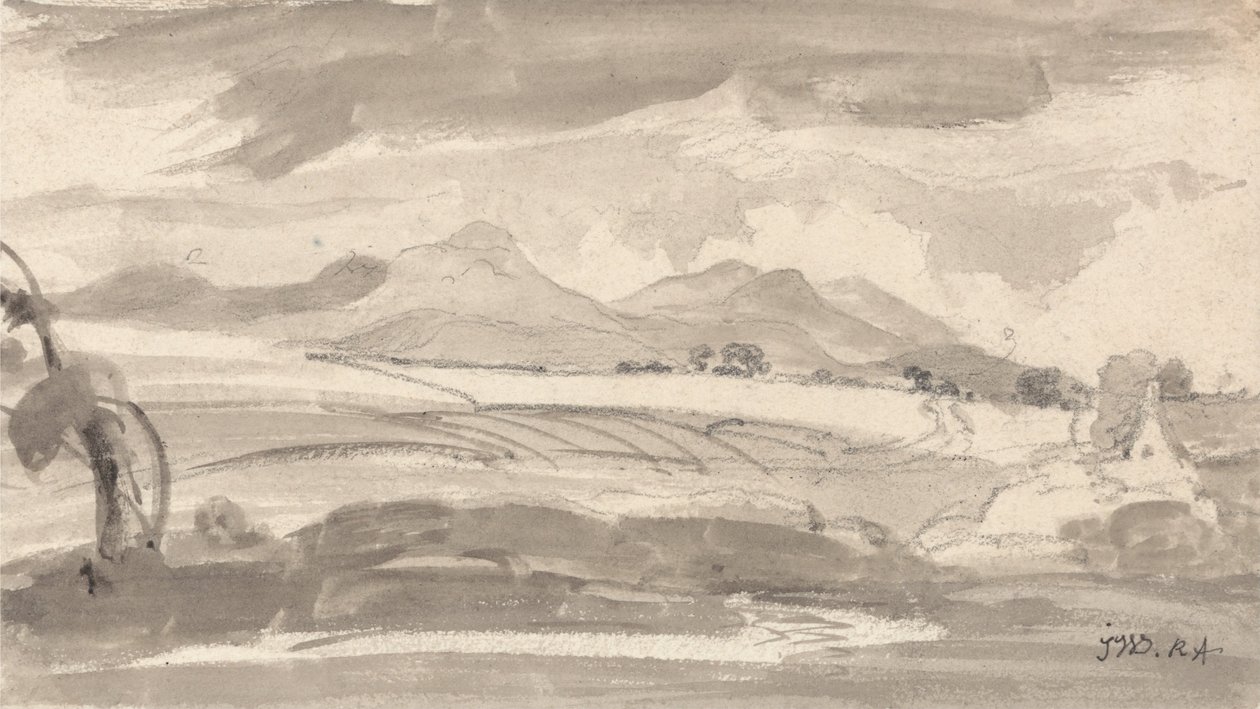 Uitzicht over velden naar verre bergen, met een huisje rechts door James Ward