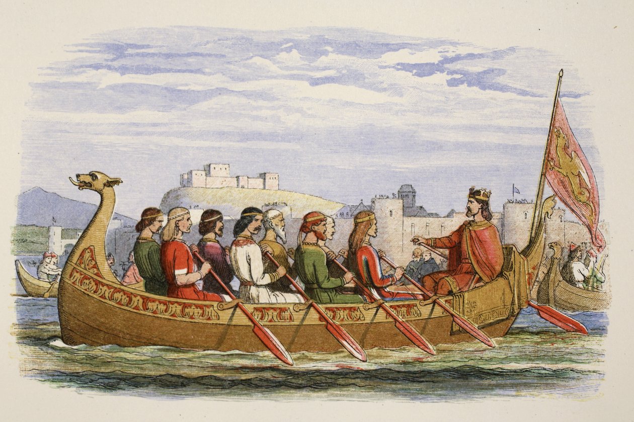 De schuit van Edgar bemand door acht koningen op de Dee, 973 AD, uit A Chronicle of England BC 55 to AD 1485, gepubliceerd in Londen, 1863 door James William Edmund Doyle