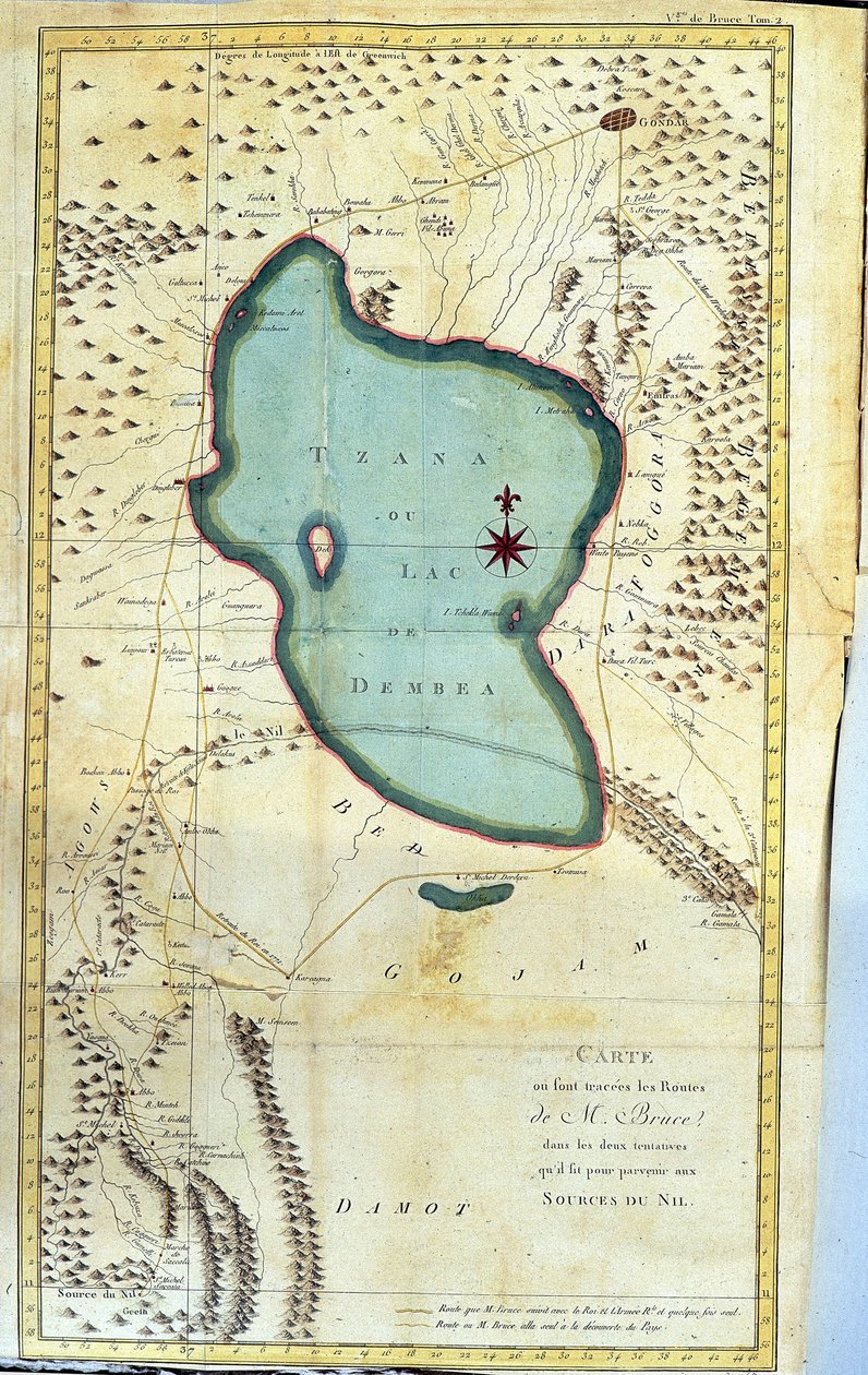 Kaart van de regio van het Tzana-meer of Dembea-meer (routes van M. Bruce in zijn twee pogingen om de bronnen van de Nijl te bereiken) - in 