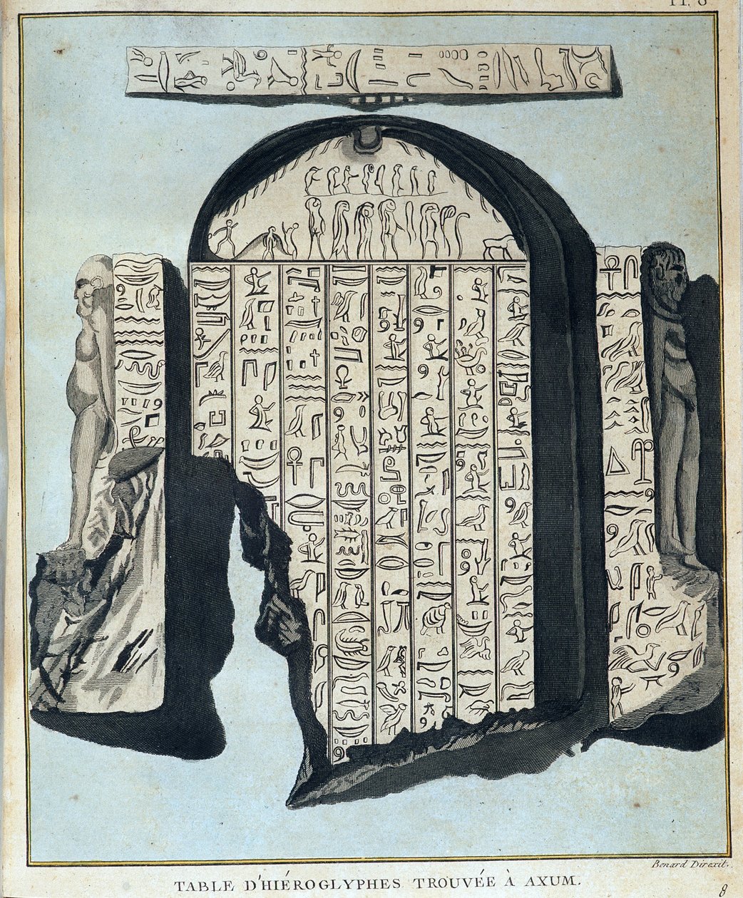 Tabel van hiërogliefen gevonden in Axoum (Aksoum) - in "Reis naar Nubië en Abessinië ondernomen om de bronnen van de Nijl te ontdekken tijdens de jaren 1768 tot 1772", door James Bruce, deel 1, Parijs door James Bruce