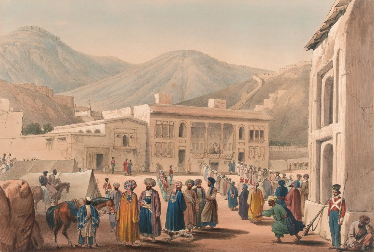 De Durbar-Khaneh van Shah Shoojah-ool-Moolk, in Cabaul, c.1840 door James (after) Atkinson