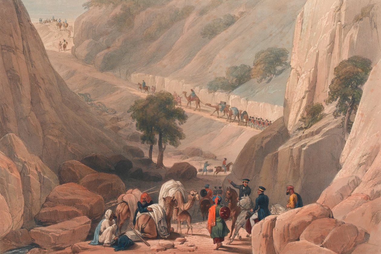 De troepen komen uit het smalle deel van de kloof in de Koojah [sic] Pas door James (after) Atkinson