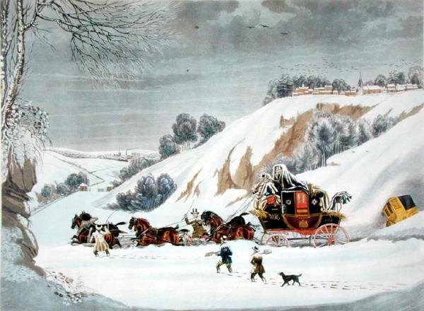 Een postkoets in diepe sneeuw, gegraveerd door George Hunt door James (after) Pollard