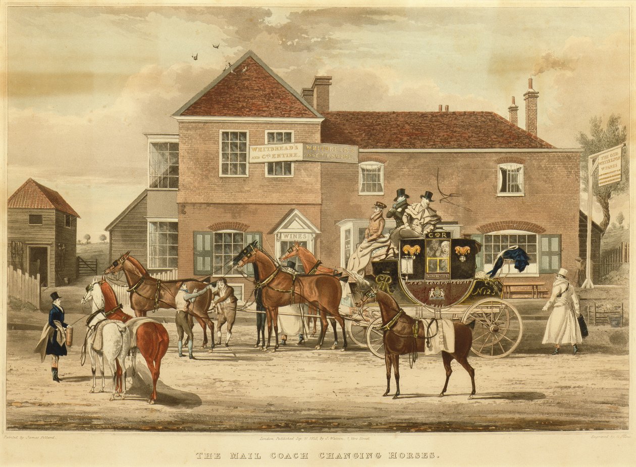 De postkoets wisselt van paarden, ca.1825 door James (after) Pollard