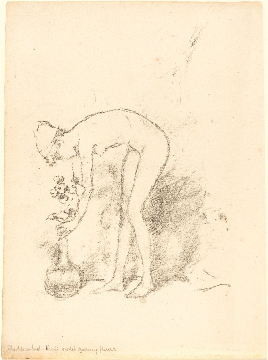 Een naakt model schikt bloemen, c. 1892 door James Abbott McNeill Whistler